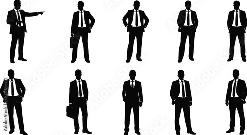 Collection of businessman silhouettes in formal suits isolated on white background, professional corporate poses illustration set for design