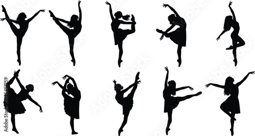 Collection of female ballet dancer silhouettes in elegant poses isolated on white background, graceful dance performance illustration set