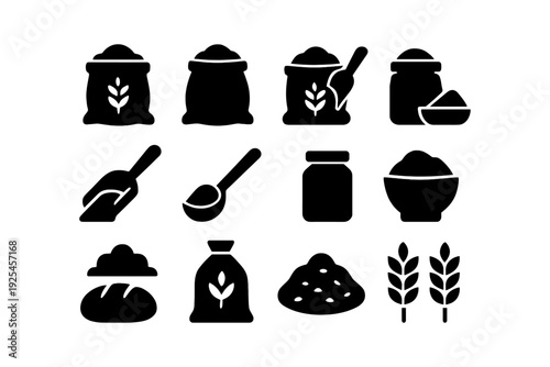 Essential grain icons: bags, jars, and tools in silhouette style for baking and cooking