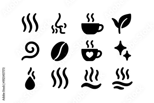 Set of icons representing aroma and fragrance with coffee and nature elements