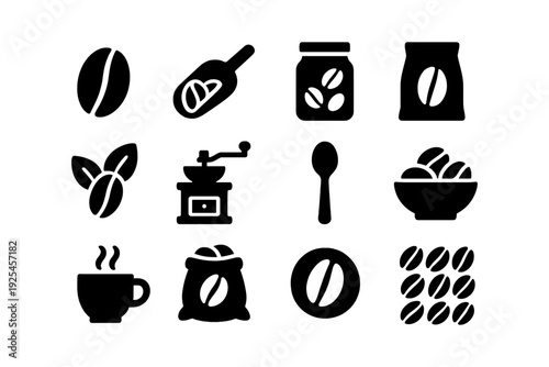Coffee icons set: minimalist silhouette design featuring beans, cups, and tools