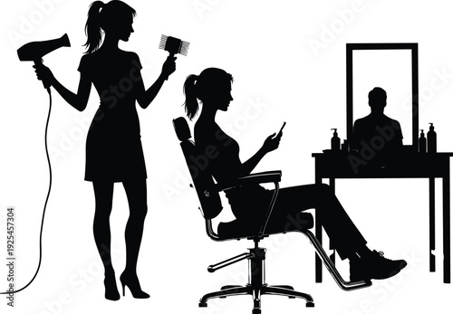 Hair salon silhouettes scene, hairstylist blow drying and styling client hair, beauty studio interior, black and white vector illustration design