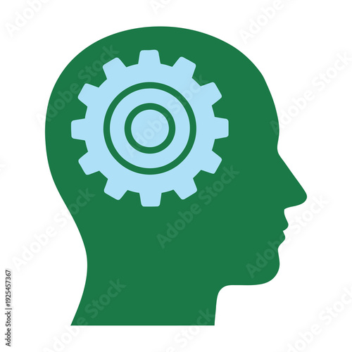 Green human head silhouette with blue gear inside representing creative thinking and problem solving