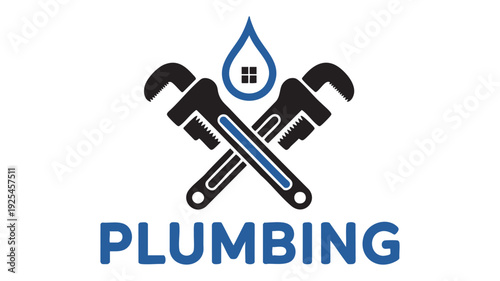 Professional minimalist plumbing logo with wrenches and water drop
