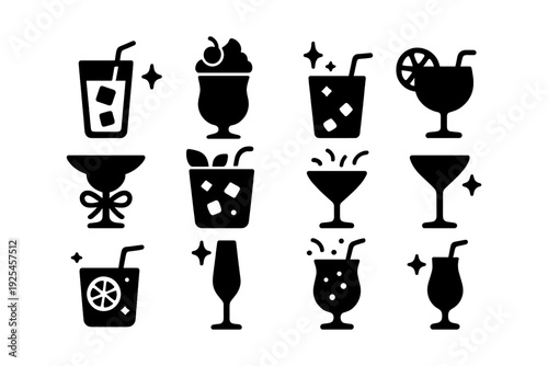Silhouette collection of refreshing cocktail and drink icons with ice and garnishes