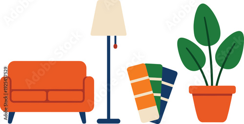 Modern living room furniture set, sofa, floor lamp, books and potted plant, flat interior design vector illustration isolated on white background