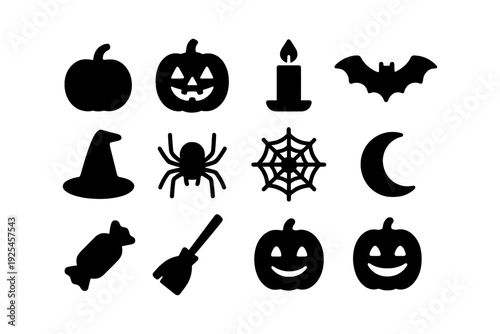 Silhouette halloween icons: pumpkins, candles, and bats on white background