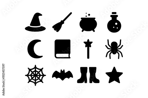 Halloween silhouette icons collection of witch hat, broom, cauldron, and more
