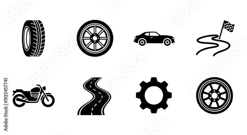 Collection of silhouette icons featuring vehicles, wheels, and racing elements