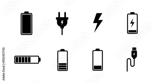 Battery and charging icons set in minimalist black silhouette style