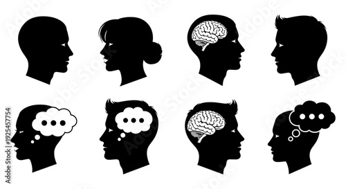 Silhouette heads with brain and thought bubbles: cognitive concept designs