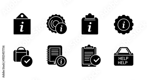 Informational icon set: flat silhouette design featuring notebooks, signs, and checklists