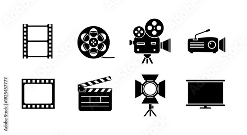 Vintage cinema icons set: film, camera, projector, and more