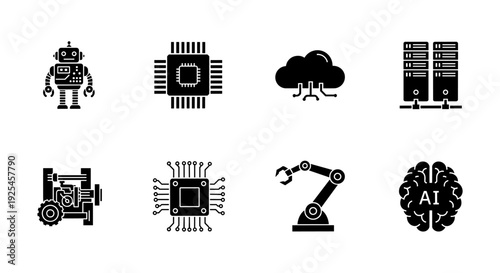 Technology icons: robotics, ai, cloud computing, and circuit designs