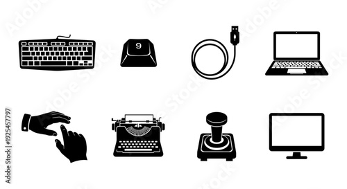 Classic tech icons: retro typewriter, joystick, keyboard, and digital devices in silhouette