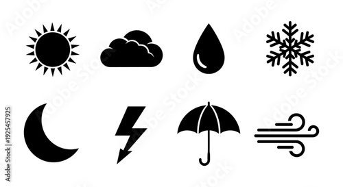 Bold weather icons set: sun, cloud, snowflake, moon, lightning, umbrella, wind