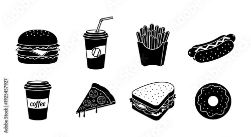 Silhouette fast food icons: burgers, coffee, pizza, and more in black and white