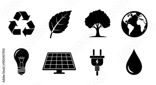 Eco-friendly icons: sustainability symbols for renewable energy and nature conservation