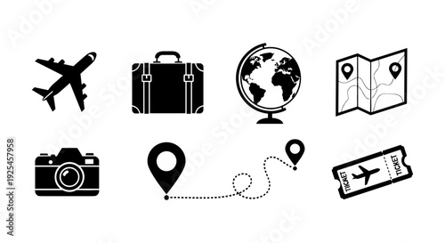 Travel icons set: airplane, suitcase, globe, map, camera, location pin, ticket