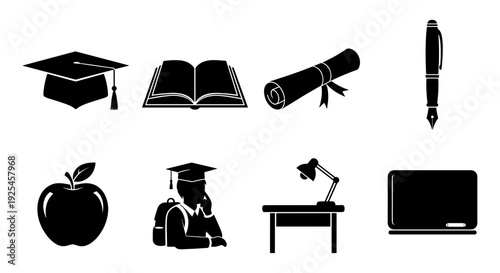 Education icons set: graduation cap, diploma, blackboard, and more