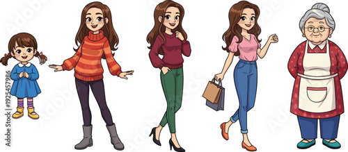 Cartoon illustration of female life stages, young girl, teenager, young adult, adult woman, elderly lady, aging progression concept