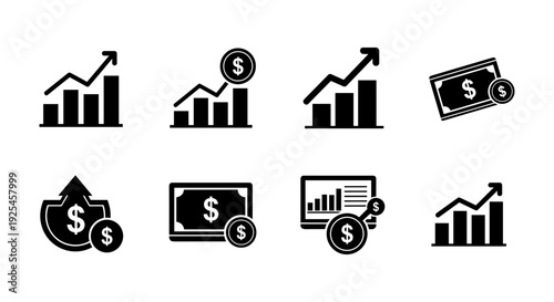 Financial growth icons: bold black silhouettes