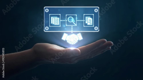 Open hand presenting glowing rectangle with handshake and document icons symbolizing business deal and process