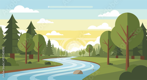 Scenic nature landscape with river and trees in flat design style