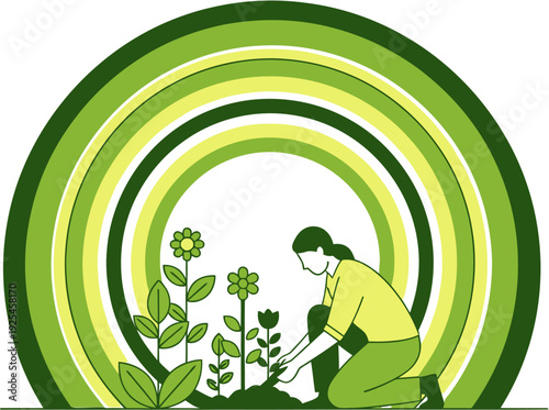 Gardening concept with plants blooming and a person tending to a small garden with a green concentric circle background