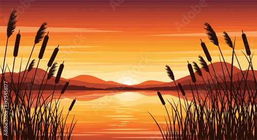 Serene sunset landscape with silhouetted reeds and mountains reflected in calm water