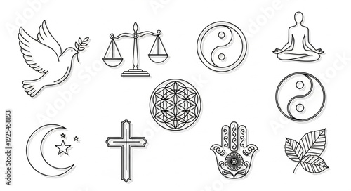 Collection of Diverse Religious and Spiritual Symbols Illustrated.