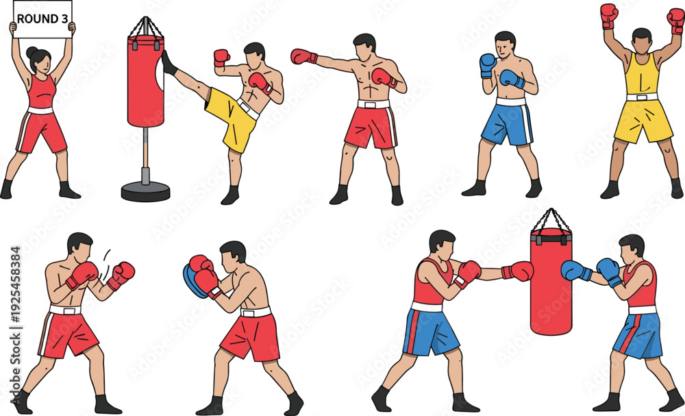 Fototapeta premium Boxing Training and Match Set with Fighters Punching Kicking and Sparring in Ring Vector Illustration Collection