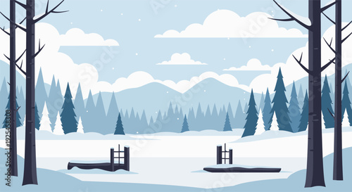 Tranquil winter landscape with snowy forest and frozen lake in flat design