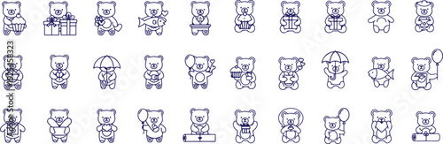 Collection of various cute cartoon animal faces and emojis in blue lines