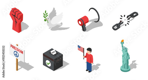 Isometric peace and freedom icons collection featuring dove, statue of liberty, and voting box