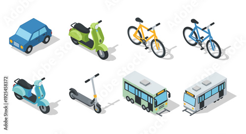 Isometric urban transport icons featuring cars, bicycles, scooters, buses, trams