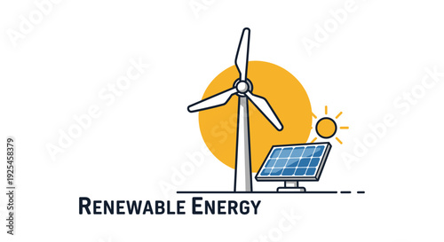 Renewable energy concept with wind turbine and solar panel in minimalist design