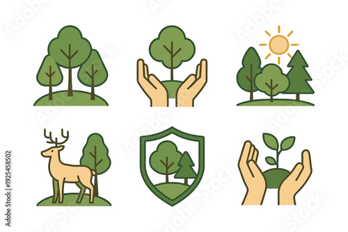 Linear nature conservation icons with trees, hands, and wildlife symbols