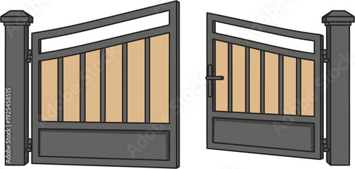 Stylized vector illustration of an open entrance gate with two swing panels and wooden elements, depicting security and accessibility for various design projects