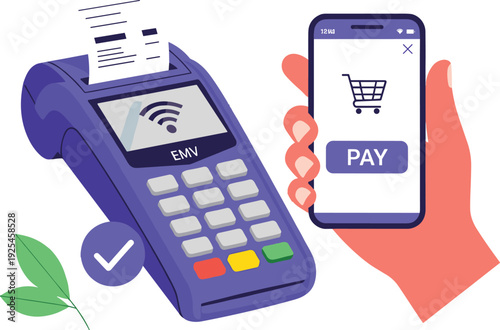 Contactless Payment Concept with POS Terminal and Smartphone Mobile Pay App Vector Illustration