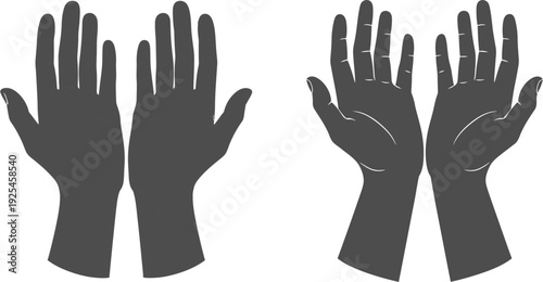 Illustrative set of human hands, featuring both minimalist silhouette designs and detailed open palm graphics, useful for anatomy, spirituality, health, or creative graphic design projects