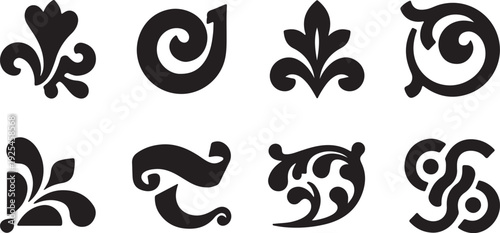 Ornate scroll icon set. Includes 8 decorative elements. Created in black and white vector style.