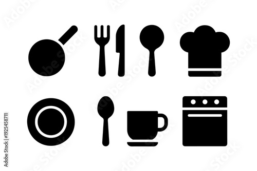 Silhouette kitchen icons: chef hat, utensils, cookware, and appliances collection