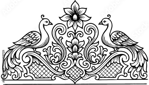 A peacock ornate border design with floral patterns and two birds