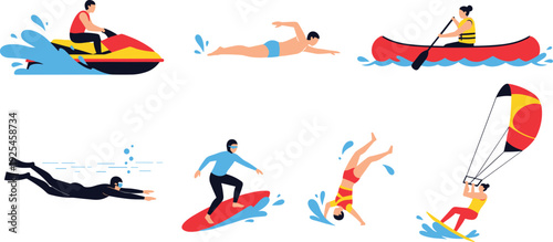 Water Sports Activities Set with Jet Ski Swimming Canoeing Surfing Diving and Parasailing Vector Illustration Collection