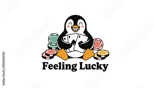 A cartoon penguin feeling lucky with poker chips and cards illustration