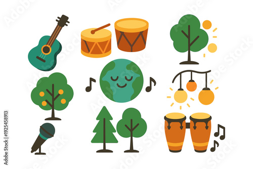 Colorful musical elements with trees and global harmony in flat design