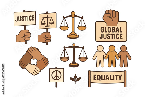 Global justice and equality icons featuring scales and unity symbols