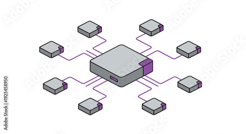 Isometric illustration of a central processing unit connected to multiple peripheral chips, representing a distributed computing network, data processing, and modern technology.