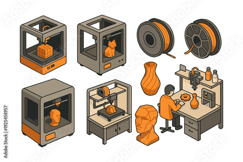Isometric 3d printing icons: printers, filaments, and designer workspace